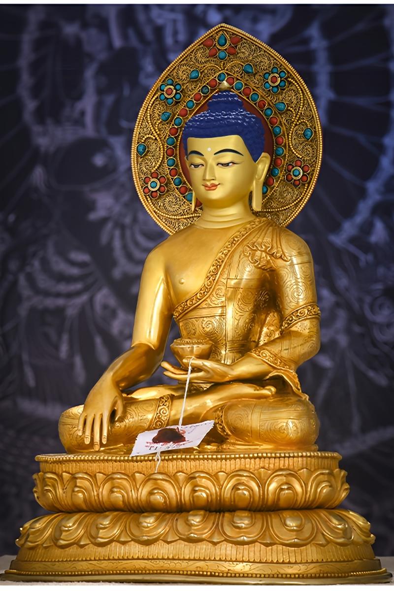 Tibetan-Buddhist past, present, and future Buddhas statue, handmade copper art symbolizing timeless wisdom.