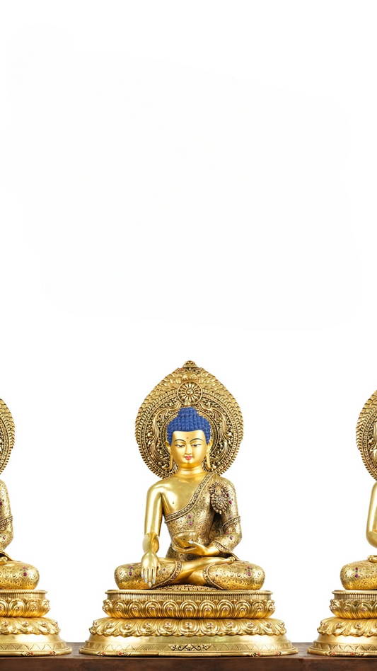 Alt Text: Handcrafted Tibetan Buddhist Three Buddhas statue, gilded with gold and mineral pigments, symbolizing wisdom, compassion, and spiritual awakening.