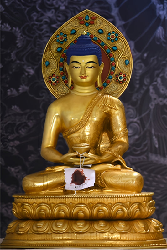 Hand-painted Tibetan-Buddhist Three Buddhas ensemble, copper sculpture reflecting serenity, mindfulness, and compassion.
