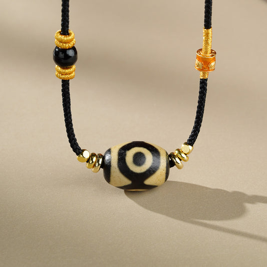 Handmade Tibetan Buddhist Three-Eye Dzi Agate Pendant Necklace – symbol of wisdom, luck, and protection