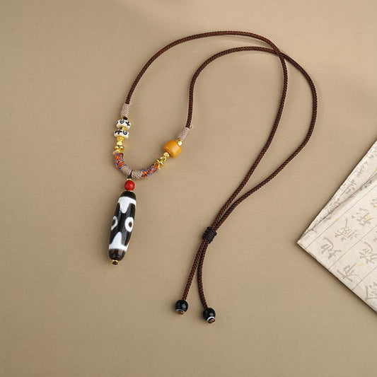 Tibetan Buddhist Three Eyes Agate Necklace with Copper Beads and Glass