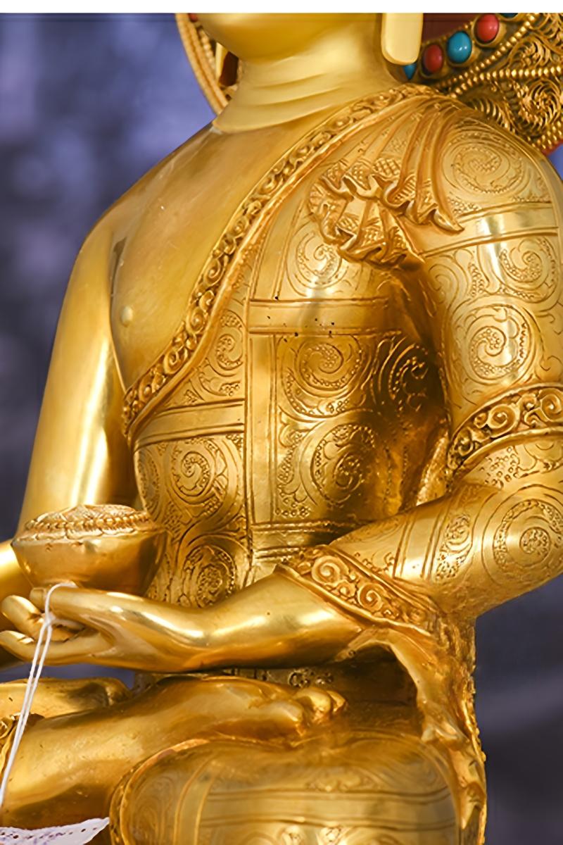 Magnificent Tibetan-Buddhist Triple Buddha statue, handmade copper piece inspired by sacred Tibetan Buddha art heritage.