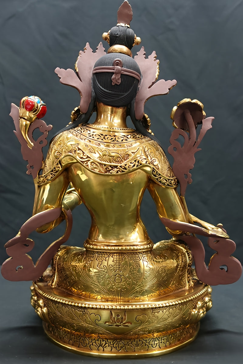 Pure copper Tibetan Buddhist Green Tara deity statue, handmade with fine detail, ideal for home altar, shrine, or spiritual practice.