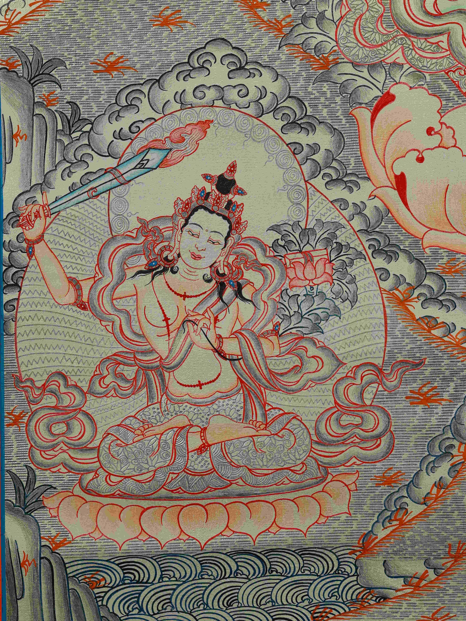Handmade Tibetan Thangka Painting – Avalokiteshvara Silver Leaf Buddhist Art for meditation and blessing.