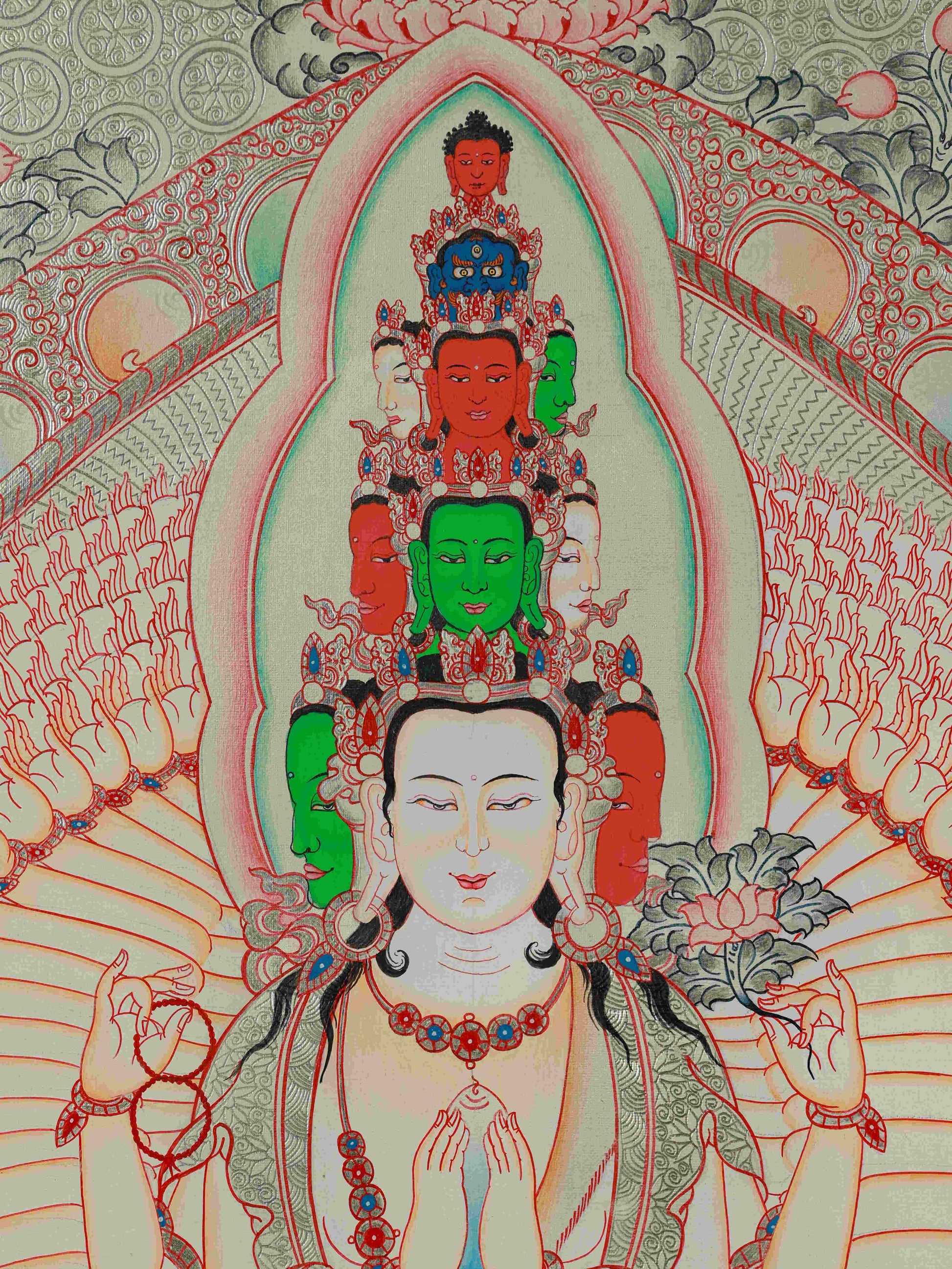 Silver Leaf Tibetan Thangka Painting of Thousand-Arms Avalokiteshvara – handcrafted Buddhist art.