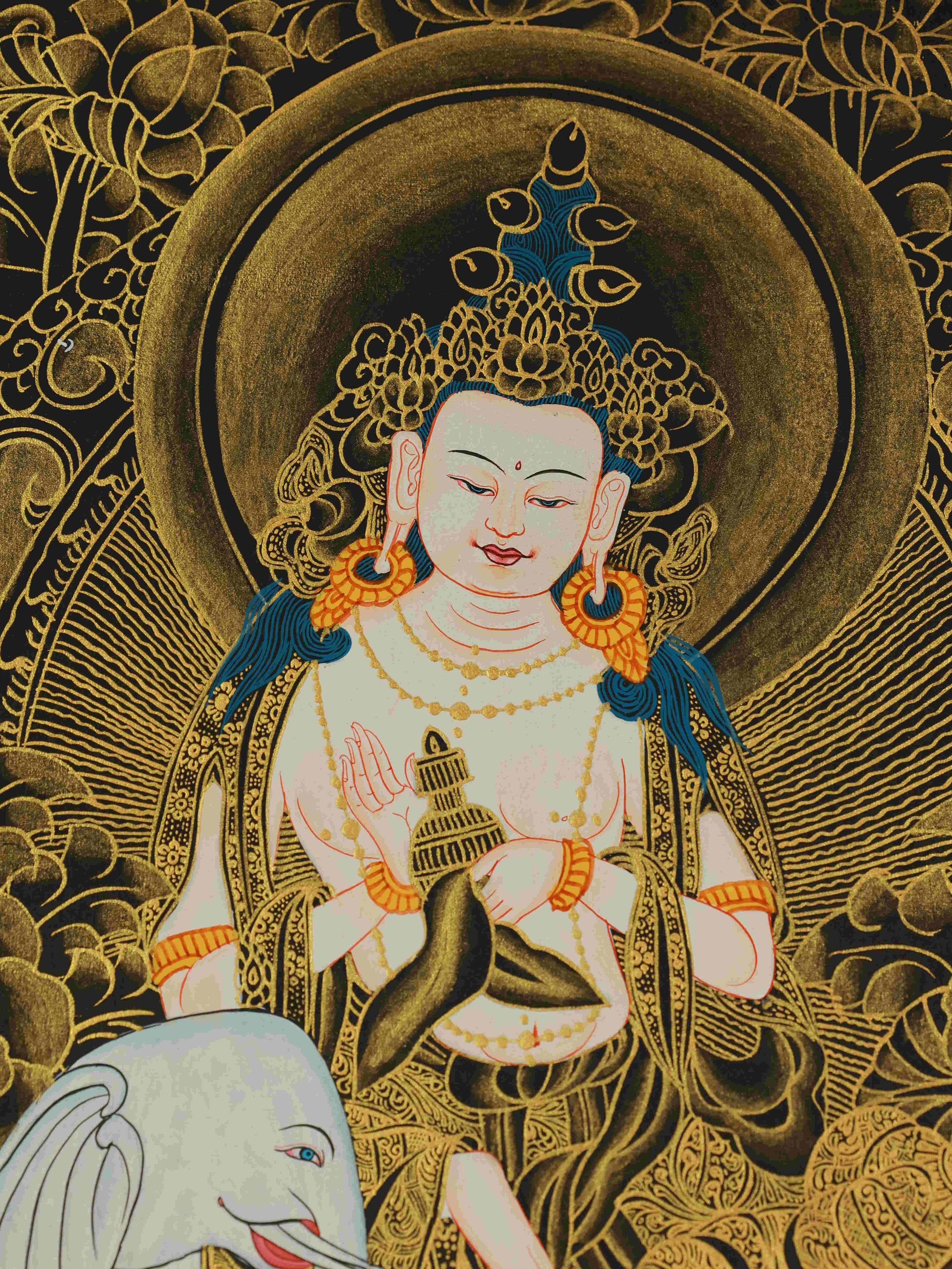 Handmade Tibetan Thangka Painting – Black and Gold Samantabhadra Buddhist Art symbolizing enlightenment.