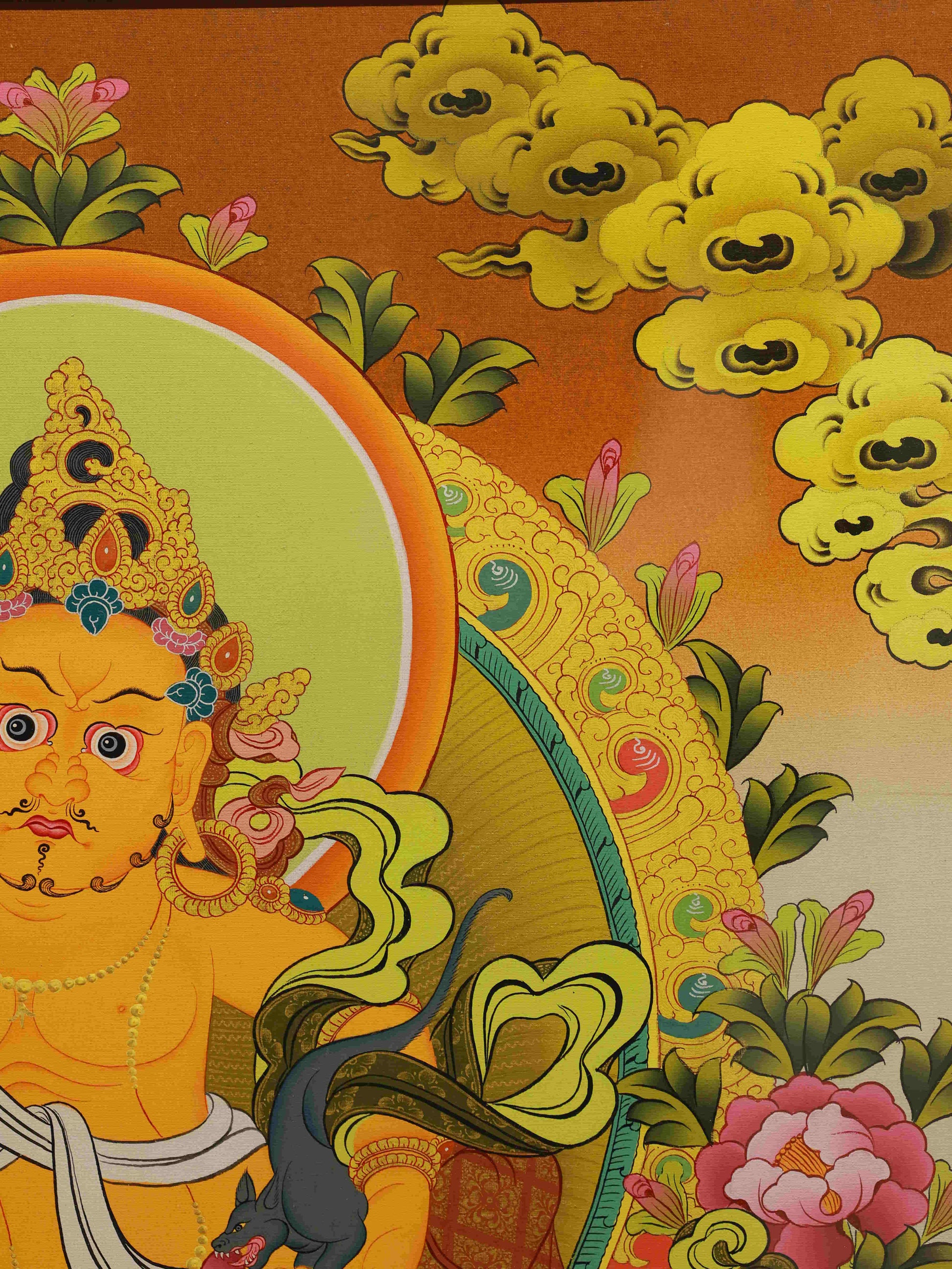 Authentic Tibetan Buddhist Thangka Painting – Newar Yellow Jambhala deity of wealth, hand-painted with mineral pigments.