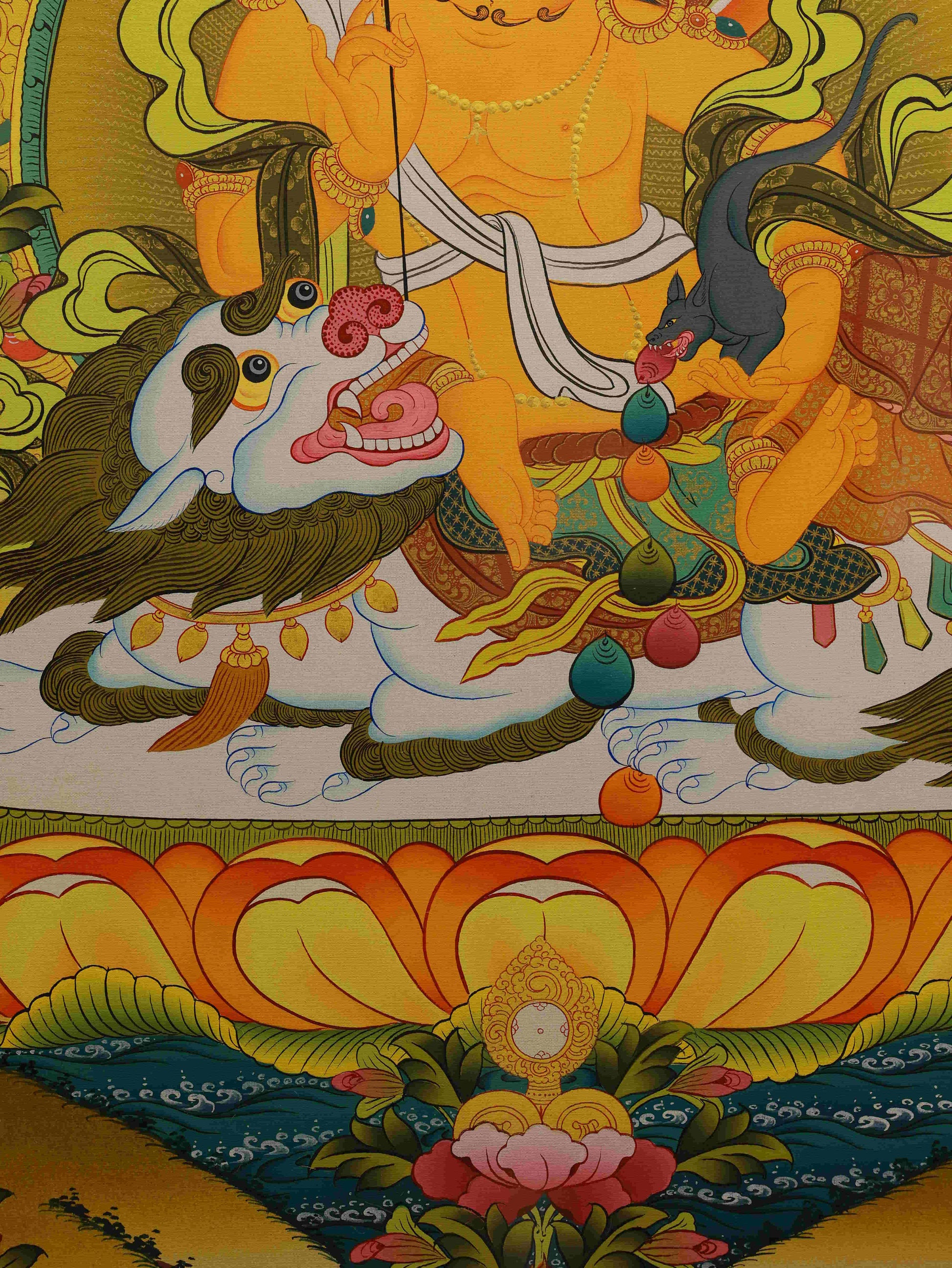 Tibetan Buddhist Yellow Jambhala Thangka in Newar style – handmade thangka painting symbolizing prosperity and abundance.