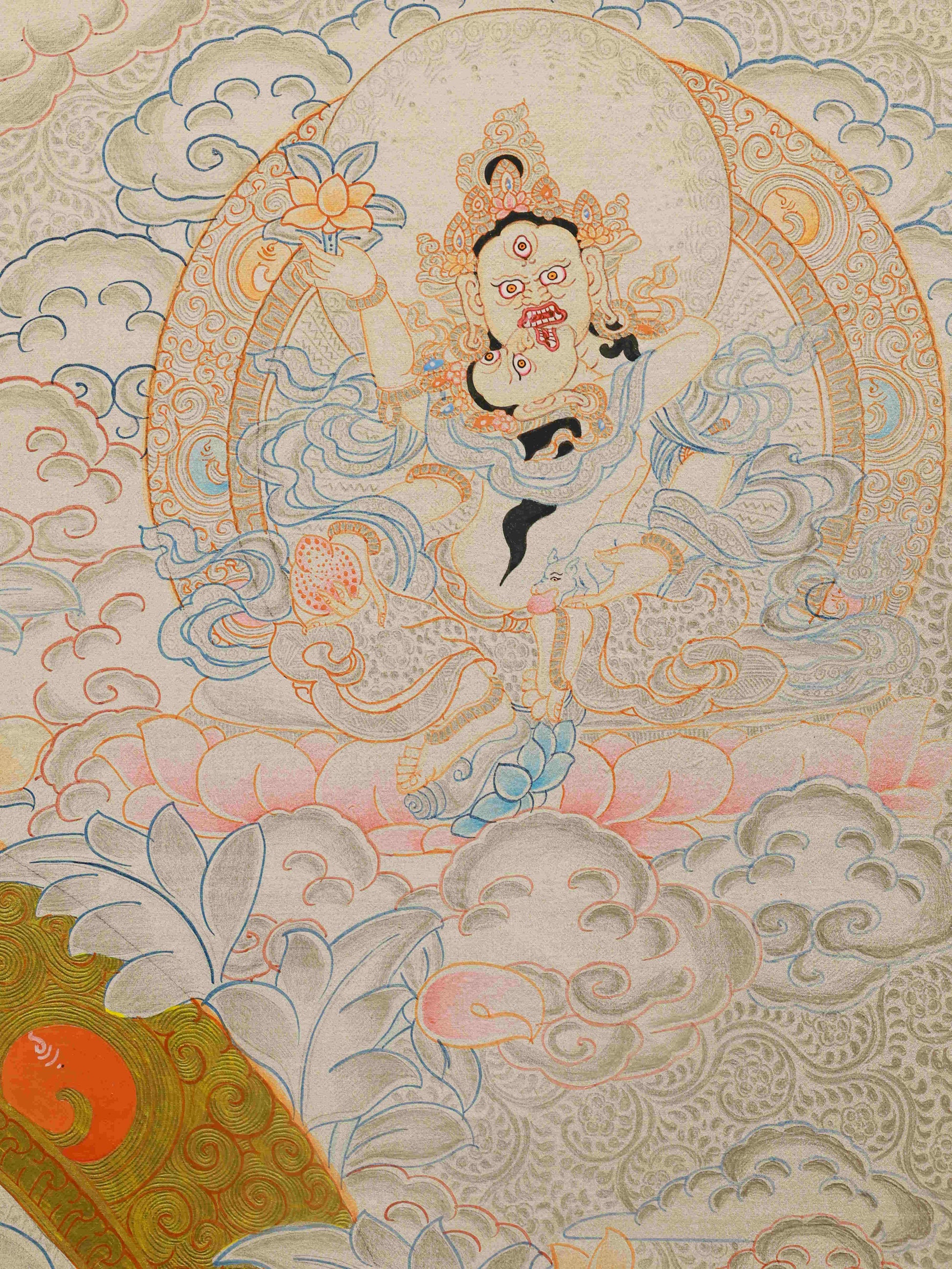 Hand-painted Silver Foil Yellow Jambhala Tibetan Thangka Painting – sacred Buddhist wealth deity artwork on canvas.