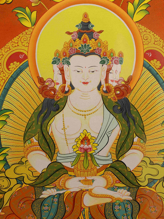 Hand-painted Tibetan Buddhist Vairocana Buddha Thangka Painting – traditional Tibetan thangka art symbolizing enlightenment.