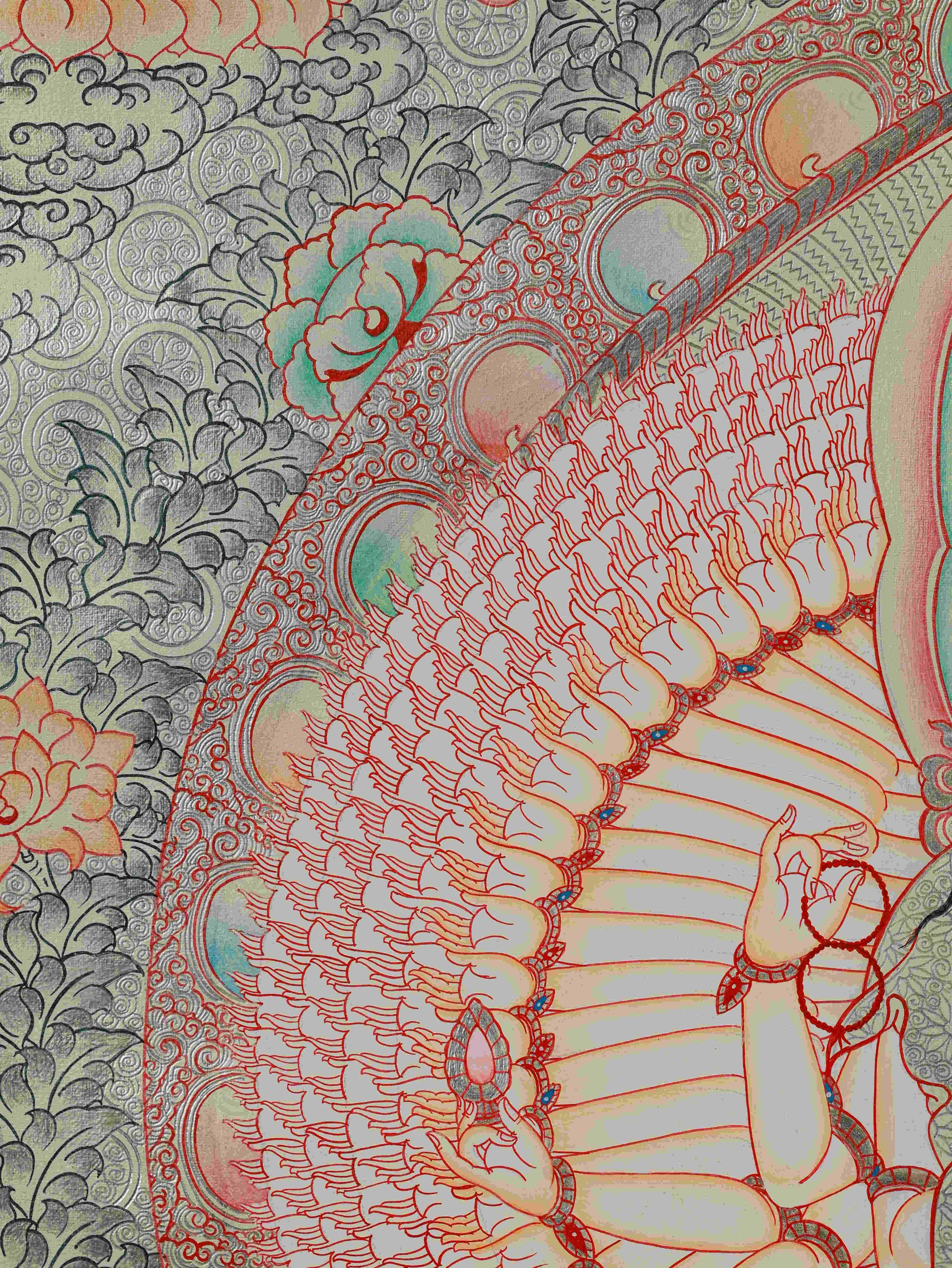 Thousand-Arms Avalokiteshvara Tibetan Thangka with Silver Foil – traditional Tibetan Buddhist sacred painting.
