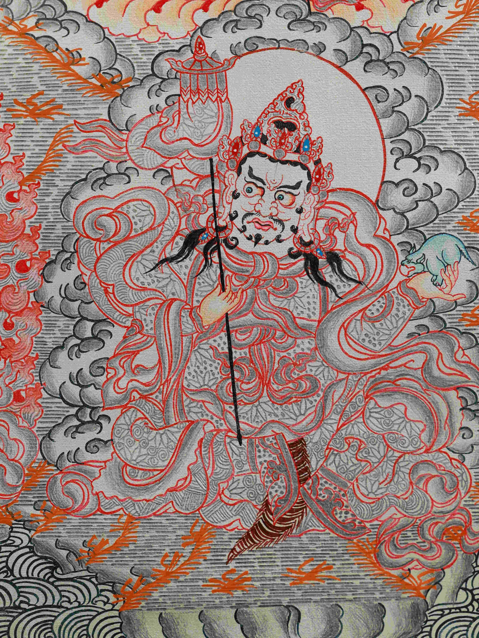 Silver Leaf Tibetan Thangka Painting of Yellow Dzambhala – handcrafted Buddhist art for wealth and blessings.