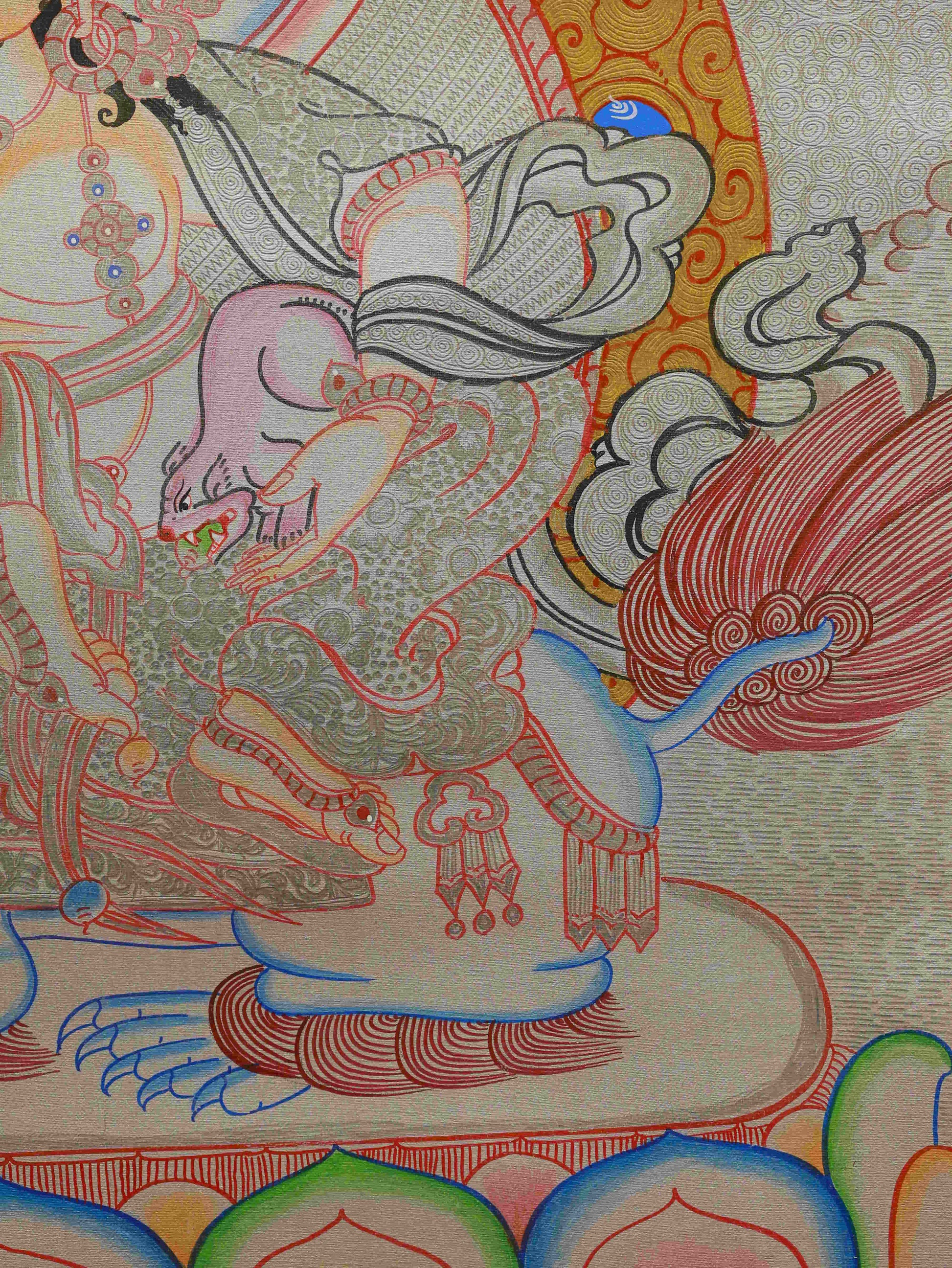 Hand-painted Silver Foil Tibetan Thangka of Yellow Dzambhala – Buddhist god of wealth and fortune.