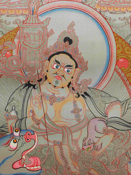 Tibetan Thangka Painting of Silver Foil Yellow Dzambhala – handmade Buddhist art symbolizing prosperity and abundance.