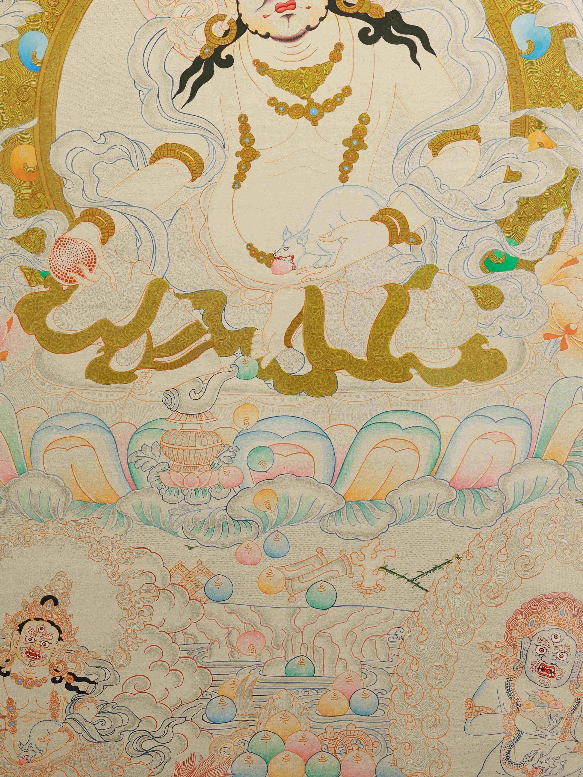 Handcrafted Tibetan Buddhist Silver Foil Yellow Jambhala Thangka – traditional Tibetan thangka painting of wealth and generosity.