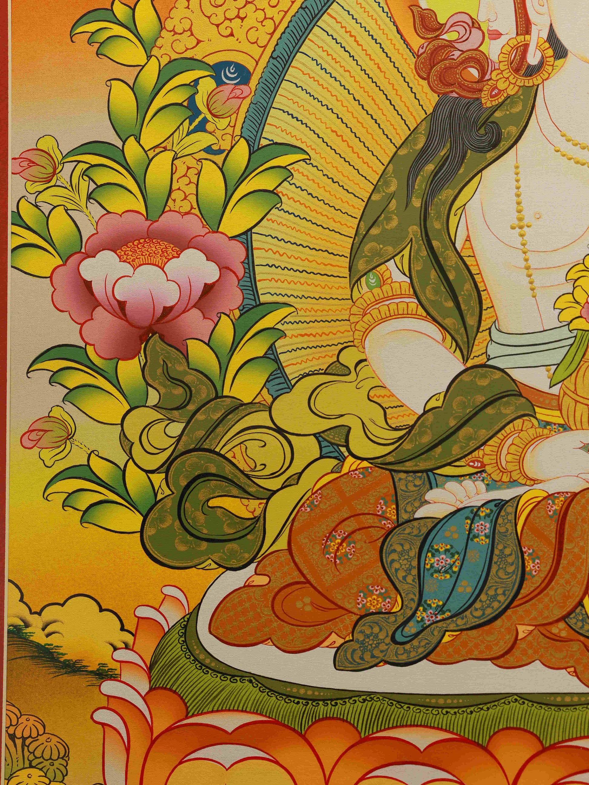 Tibetan Buddhist Vairocana Buddha Thangka – hand-painted traditional Tibetan art for meditation and devotion.