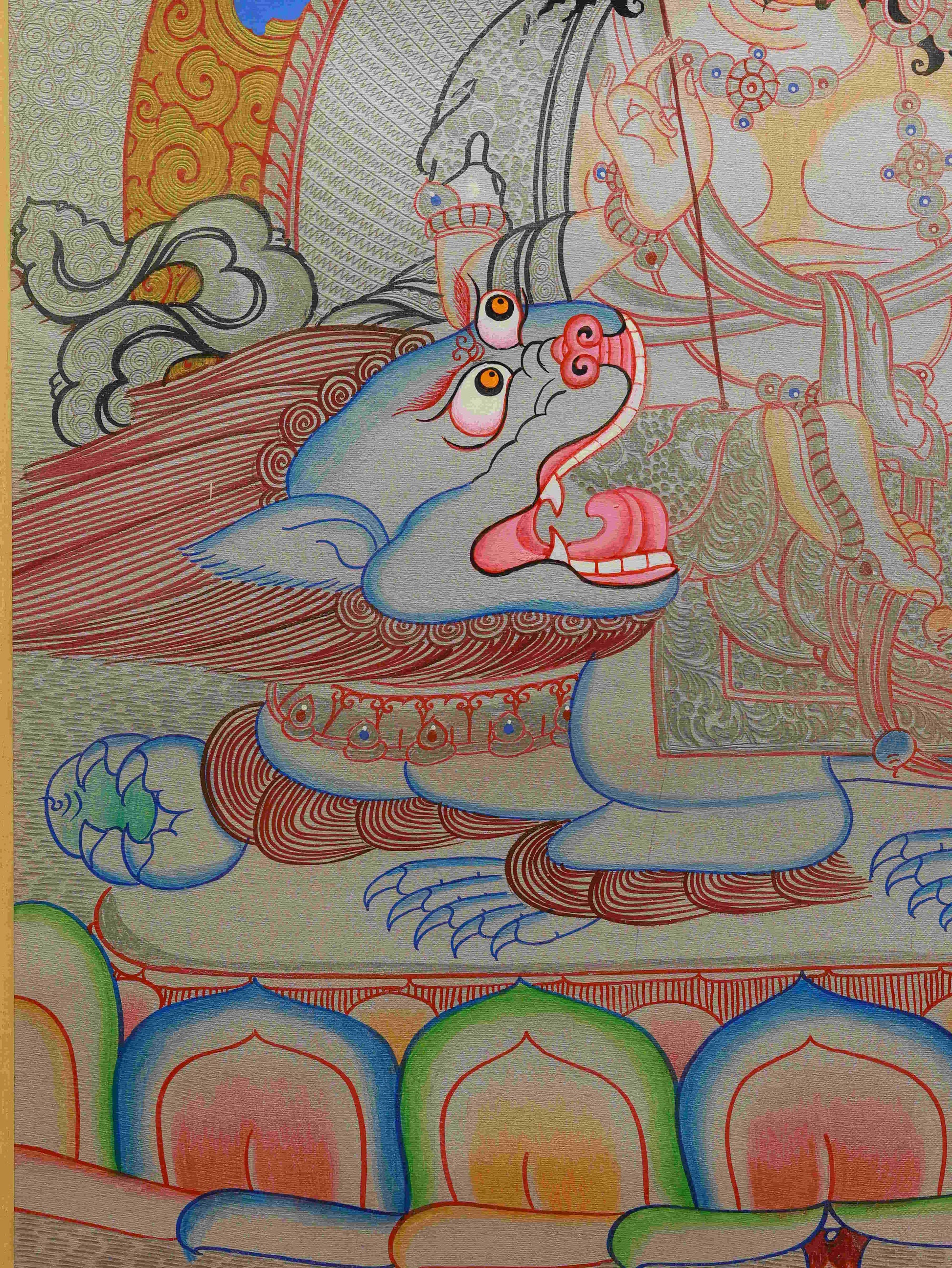 Tibetan Buddhist Silver Foil Yellow Dzambhala Thangka – hand-painted art for wealth and success.