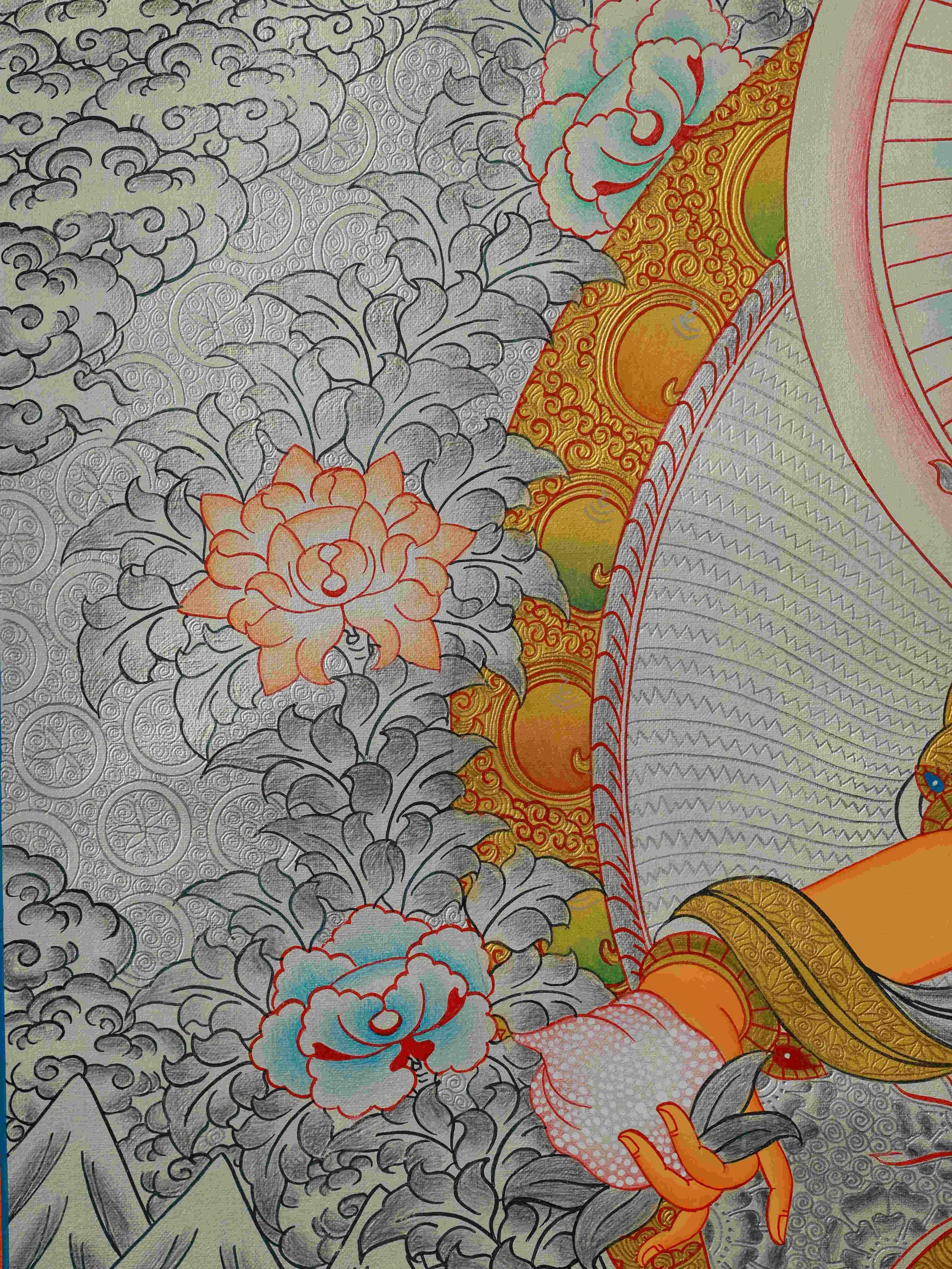 Pure hand-painted Tibetan Thangka – Silver Foil Yellow Dzambhala bringing prosperity and protection.