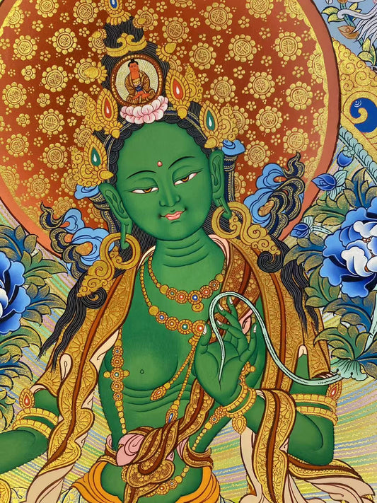 Traditional tibetan-buddhist Green Tara thangka painting, crafted on Tibetan thangka canvas with natural colors.