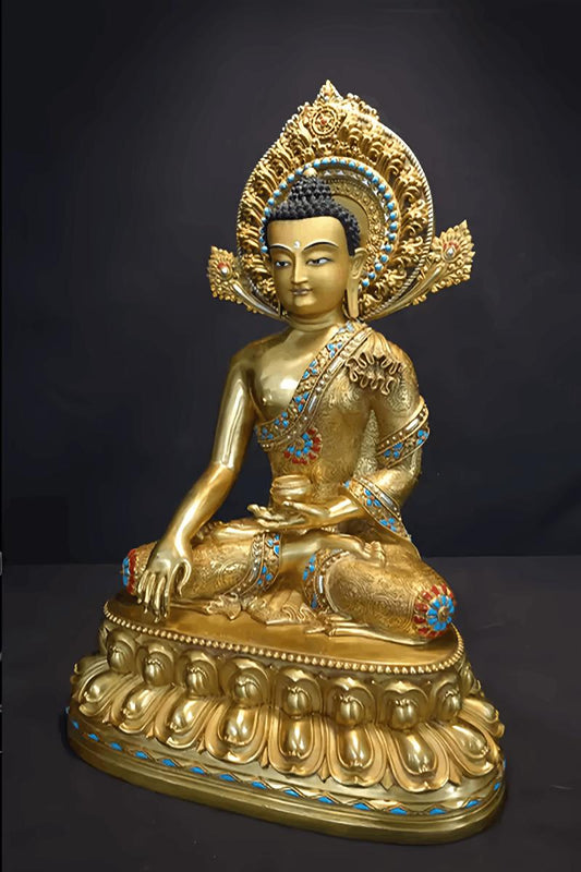 Tibetan Buddhist Shakyamuni Buddha sculpture, handcrafted in yellow brass with colorful mineral pigment painting, unique Buddhist Art piece.