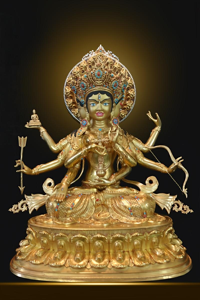 Handmade Tibetan Buddhist brass Ushnisha Vijaya statue, painted with mineral pigments, Buddhist art symbolizing longevity and spiritual blessings.