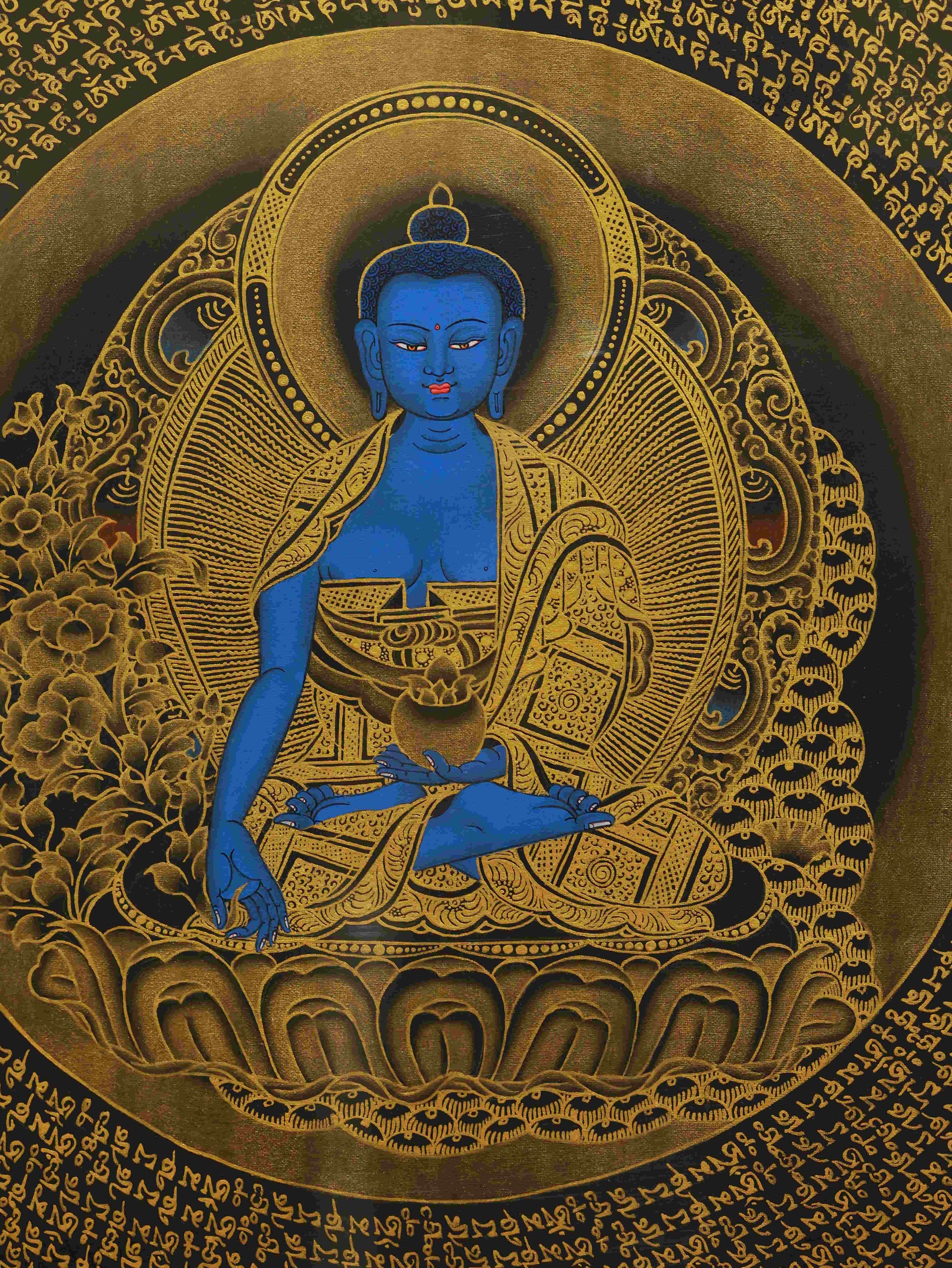Handmade Tibetan Thangka painting of Medicine Buddha, perfect for shrine and meditation space.