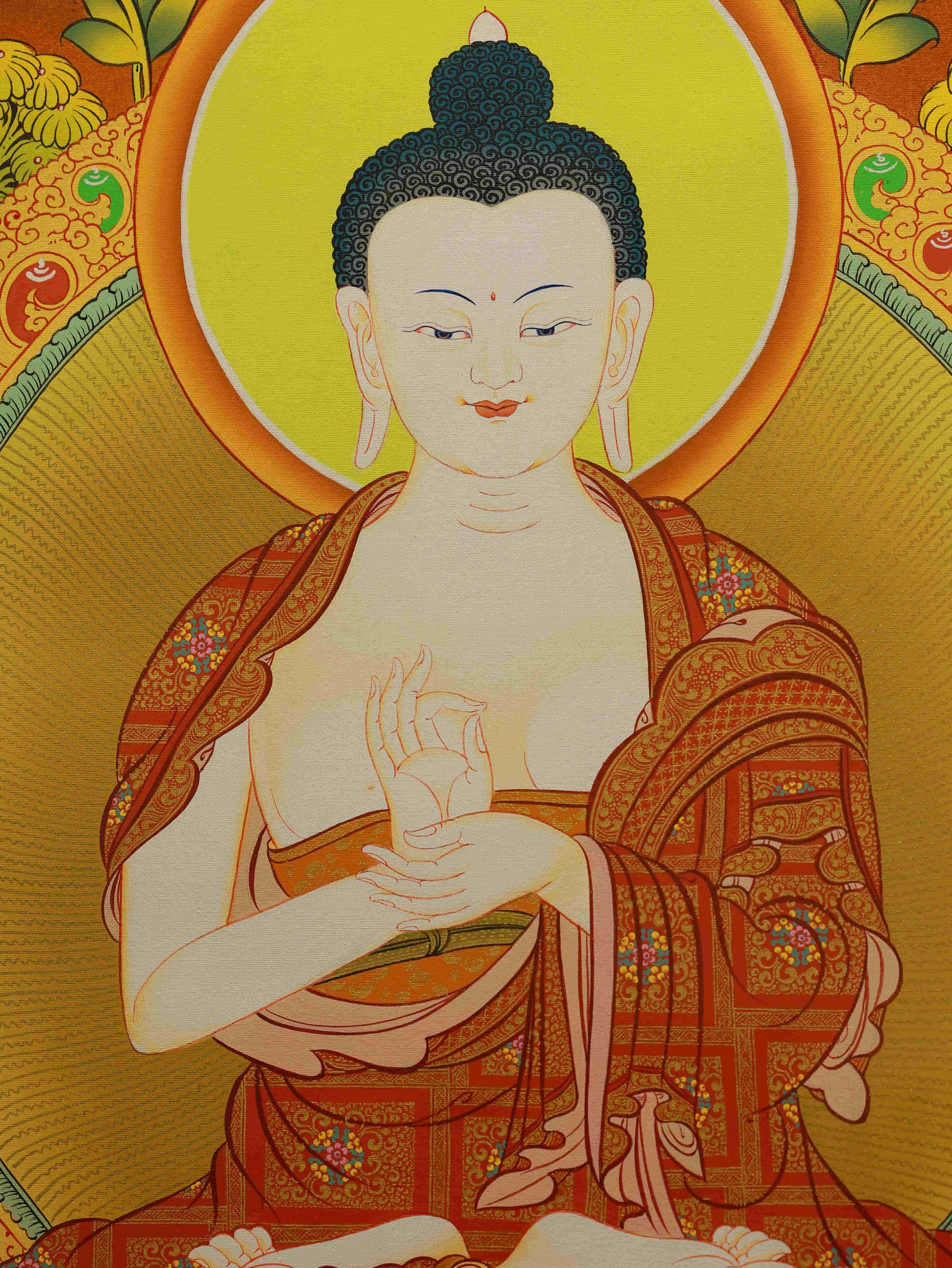 Tibetan Buddhist Thangka art of Shakyamuni Buddha, promoting wisdom and healing.