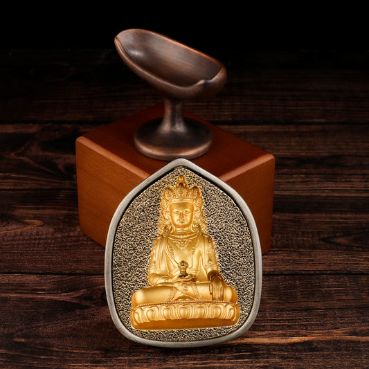 Tibetan Buddhist tsatsa statue crafted with brass, white copper and wood base.