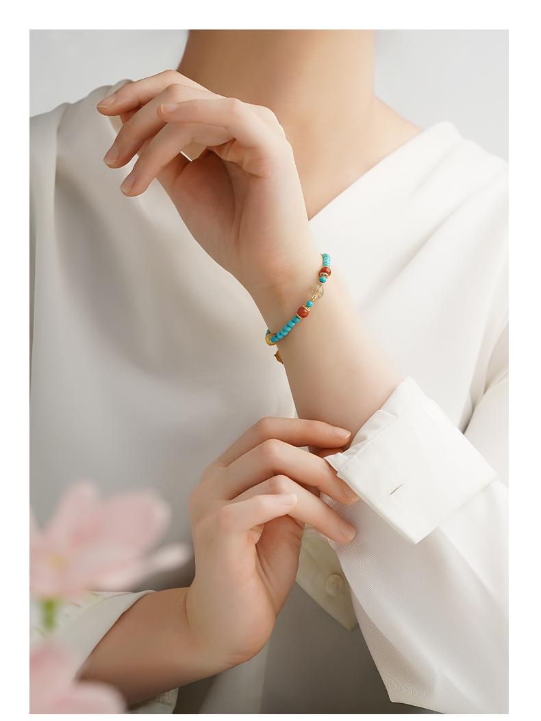 handcrafted tibetan-buddhist turquoise bracelet with natural green stones, Buddhist jewelry art for spiritual practice and positive energy