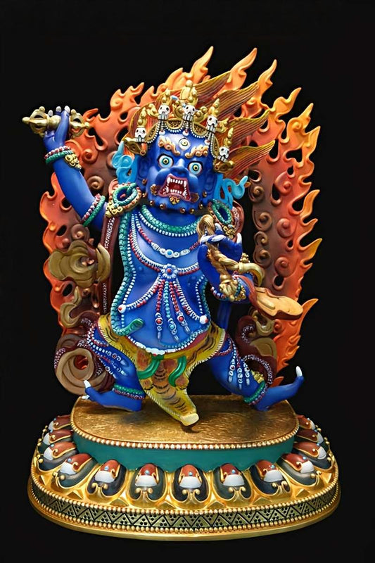 alt text: Handcrafted Tibetan Buddhist Vajrapani statue in brass with mineral paint, perfect for Buddha statue art collectors.