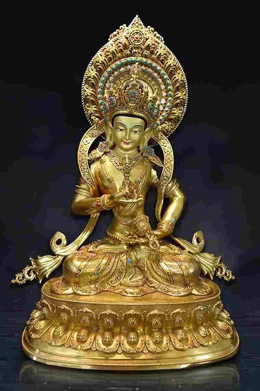 一尊纯手工打造的四臂观音与尊胜佛母双身像,由纯铜铸造并采用天然矿物颜料精绘。