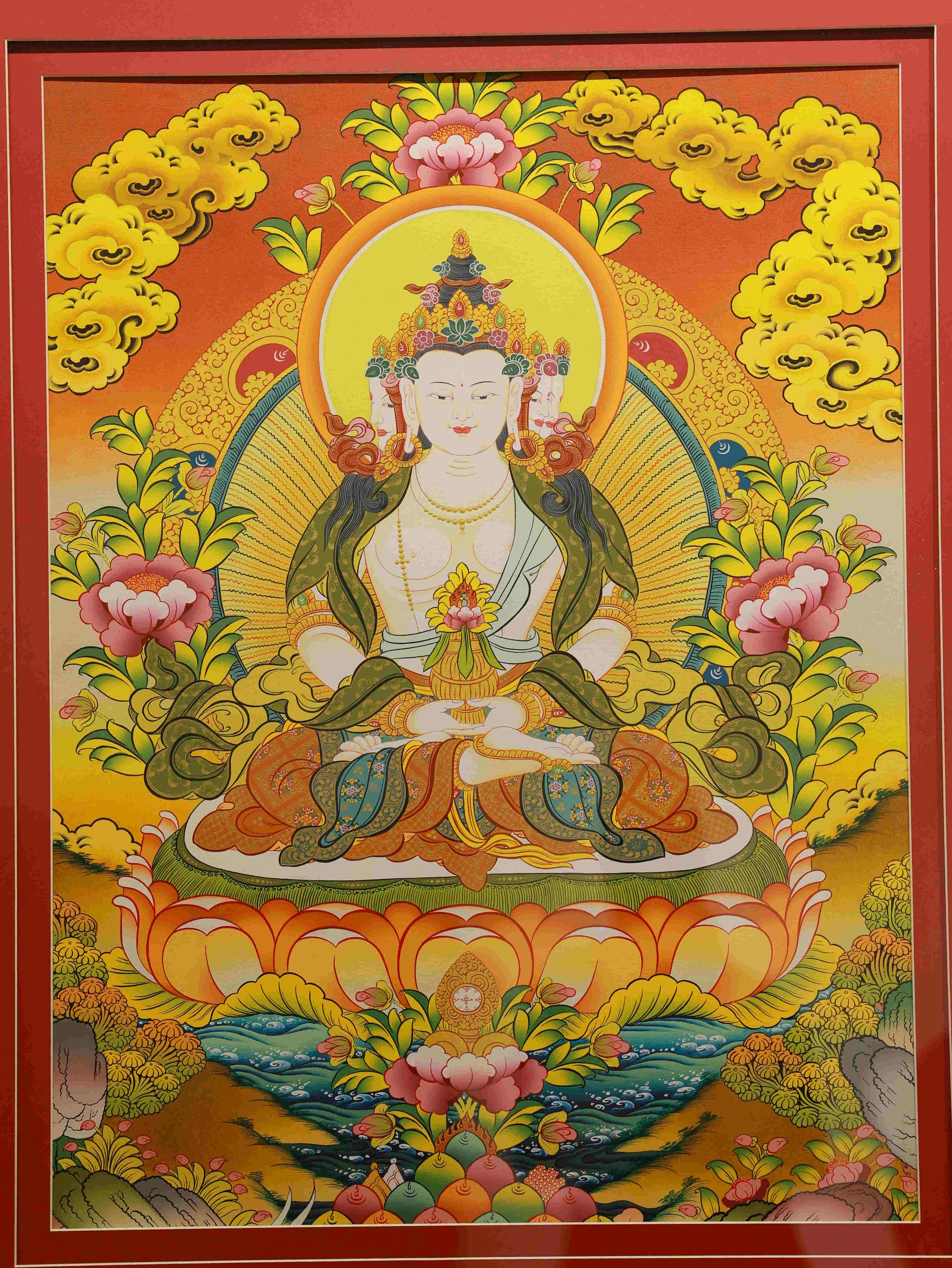 Tibetan Buddhist Thangka Painting of Vairocana Buddha – handmade sacred art representing purity and universal wisdom.