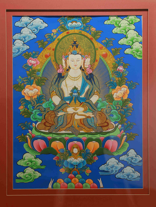Hand-painted Tibetan Buddhist Vairocana Dainichi Buddha Thangka on canvas for meditation and spiritual practice.