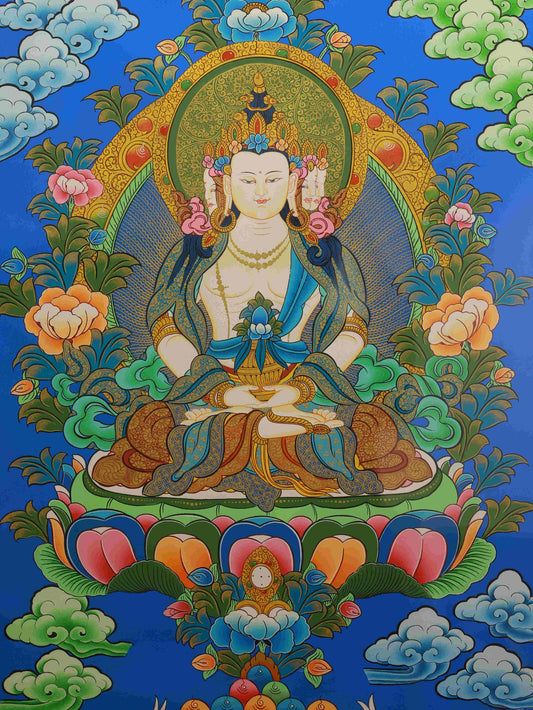 Tibetan Thangka painting of Dainichi Buddha with mineral pigments and sacred motifs.