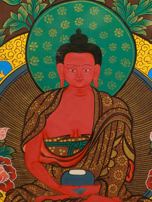 Tibetan Buddhist Thangka painting of Vairochana Buddha, handmade sacred art symbolizing cosmic wisdom.