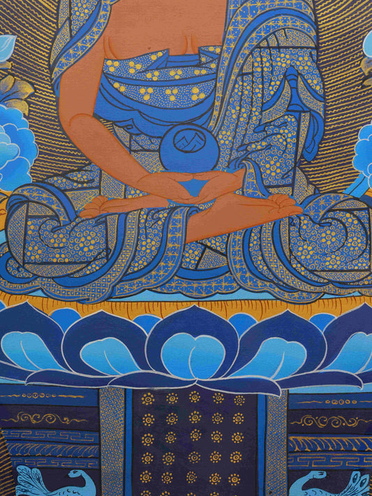 Tibetan Buddhist Thangka painting of Vairochana, the Great Sun Buddha symbolizing enlightenment and universal wisdom.