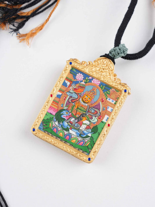 Mini Tibetan thangka pendant of Dzambhala, zodiac guardian and wealth deity, offering prosperity and blessings for all twelve zodiac signs.