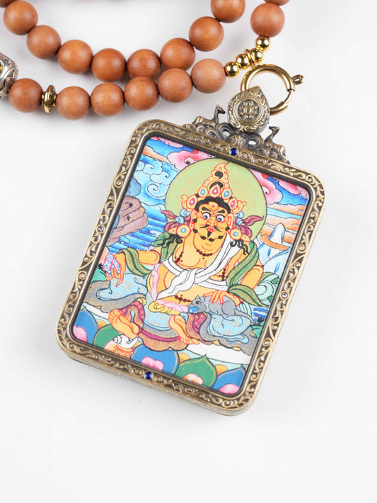 Tibetan Buddhist Vaisravana Wealth Deity thangka hanging, hand-painted with natural mineral pigments to attract abundance, generosity, and spiritual fortune.
