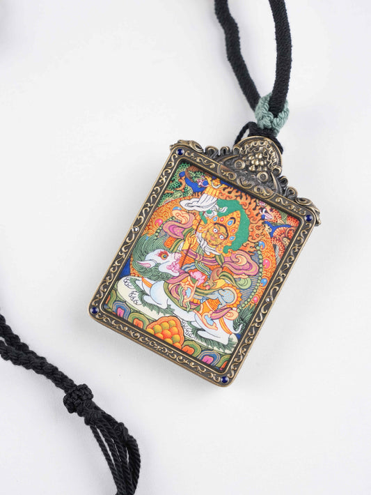 Handcrafted Tibetan Dzambhala thangka hanging, symbolizing prosperity, success, and blessings for all zodiac signs, made with natural pigments on canvas.