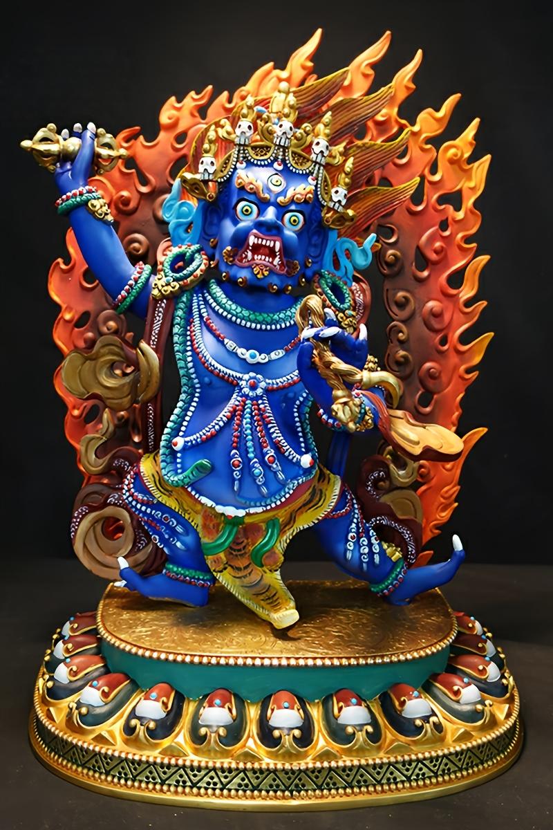 alt text: Golden brass Vajrapani statue, hand-painted with intricate details, ideal for adding a stunning Buddha statue art piece to any collection.