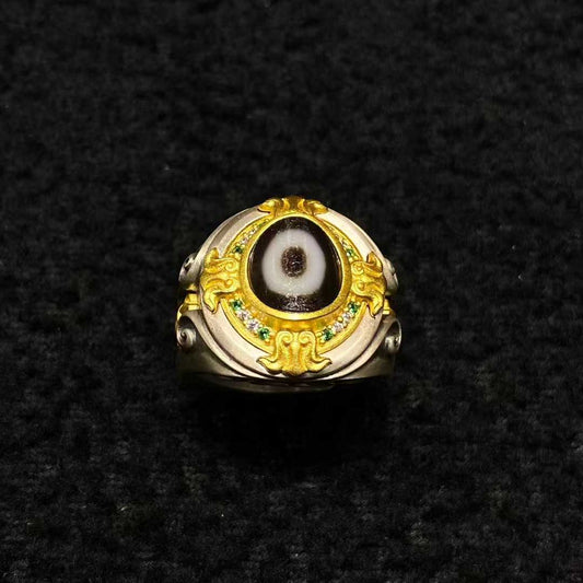 Handcrafted Tibetan Buddhist vajra ring in S925 silver with fine inlay and aged patina.