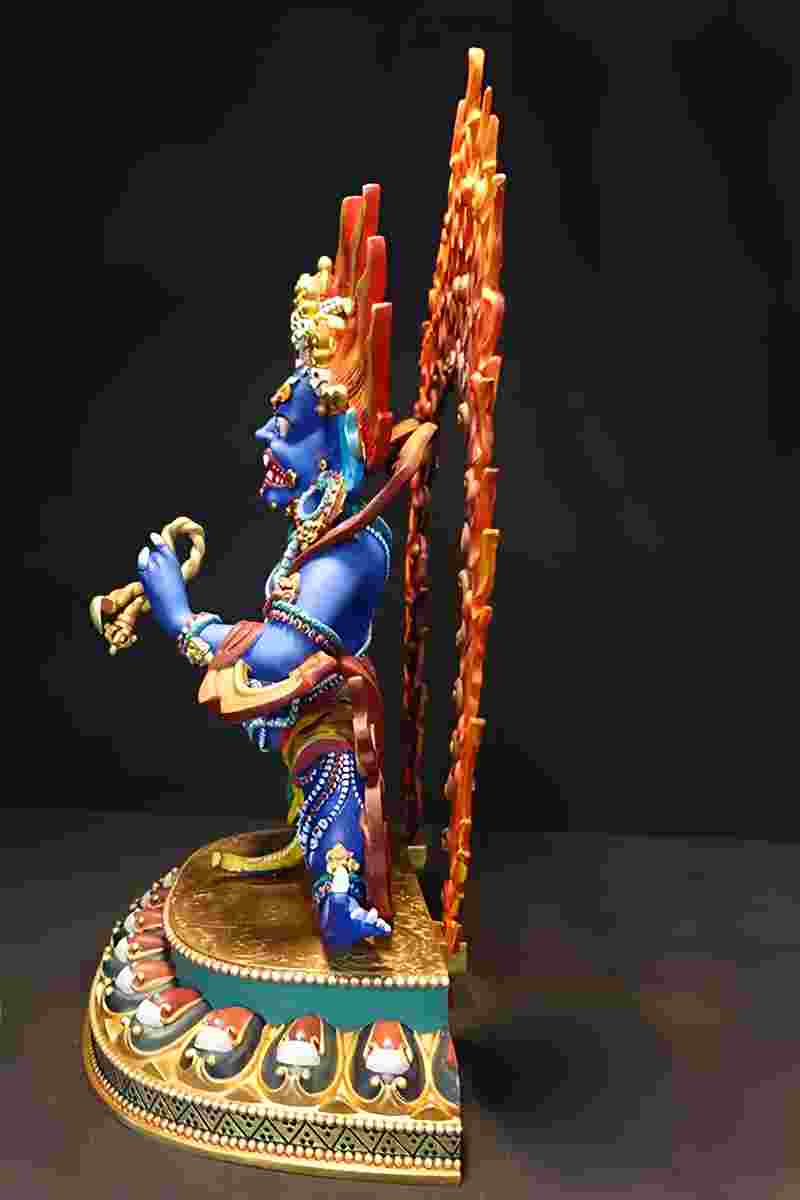 alt text: Unique Tibetan Buddhist Vajrapani statue, handcrafted in brass and painted with mineral colors, a beautiful Buddha statue art piece.
