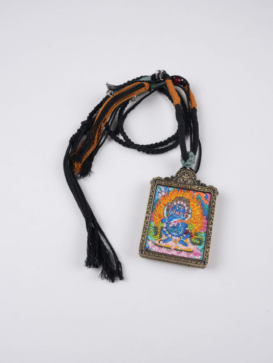 Mini Tibetan Thangka pendant depicting Vajrapani, crafted with mineral pigments on canvas.