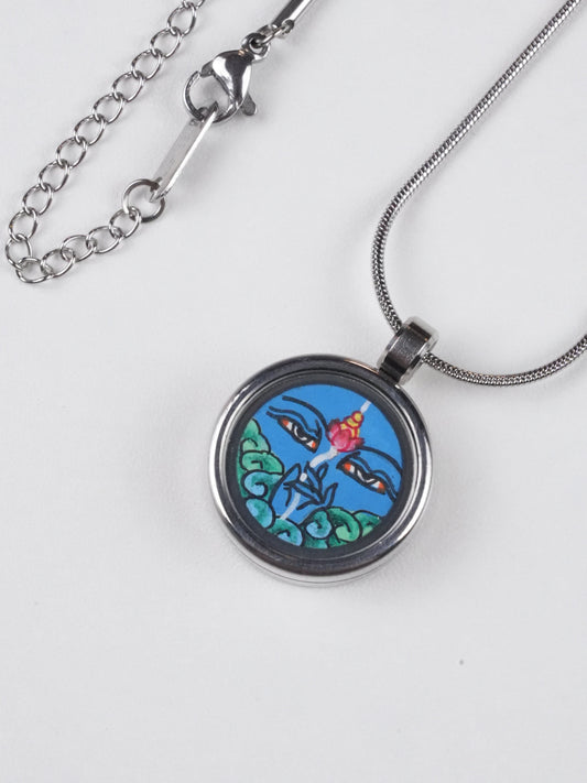 Mini Tibetan Buddhist Vajrapani Thangka necklace, handcrafted with fine Buddha art detailing on canvas, representing spiritual protection and divine power.