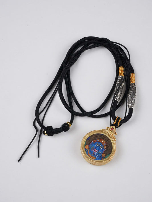 Mini thangka Vajrapani Gao pendant, Tibetan Buddha art symbolizing strength and spiritual protection, hand-painted in fine detail.