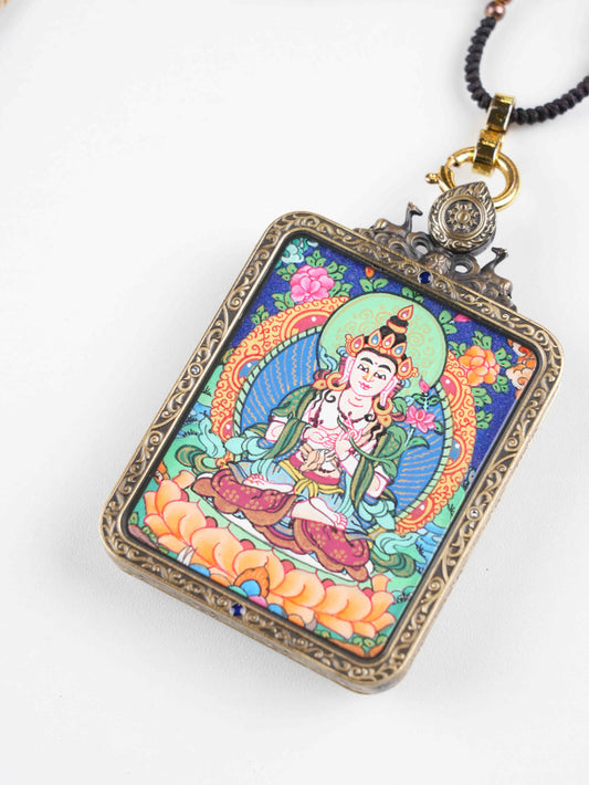 Hand-painted Tibetan Vajrasattva Thangka pendant symbolizing purification and spiritual renewal.