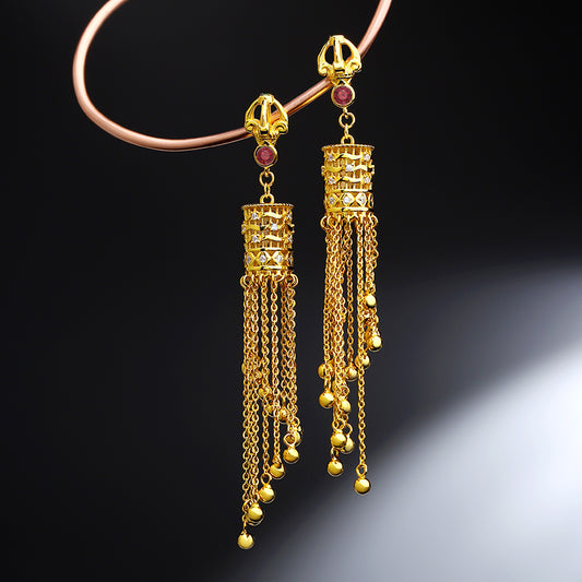 "Handmade Tibetan Buddhist Wanfu Jinan earrings in 925 silver with cubic zirconia, symbolizing prosperity and spiritual harmony."