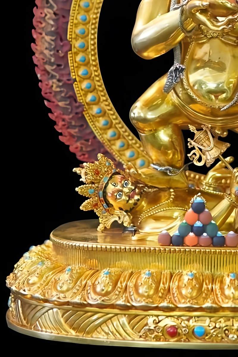 Artisan Tibetan Buddhist statue of Black Jambhala, a copper sculpture combining Buddhist art with ritual wealth symbolism.