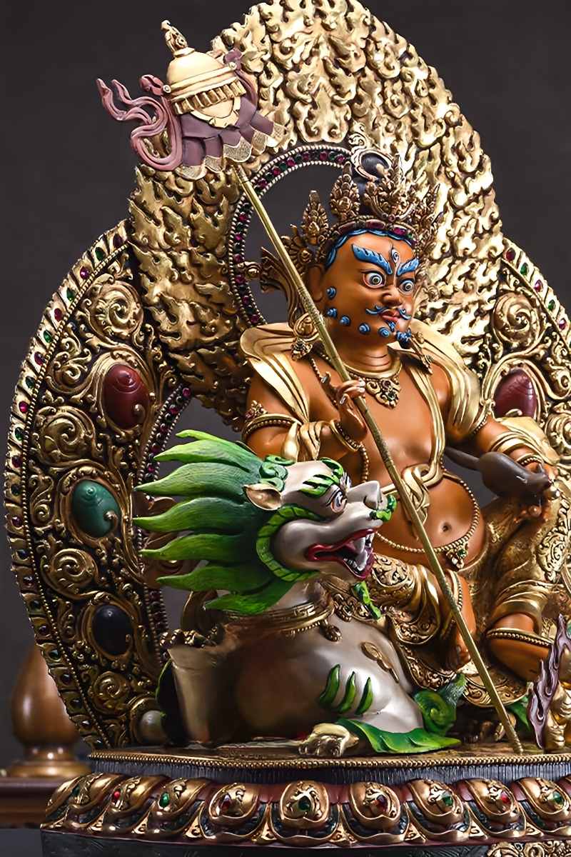 Detailed Tibetan Buddhist copper statue of the Wealth King, a sacred Tibetan Buddha art piece for abundance and auspicious energy.