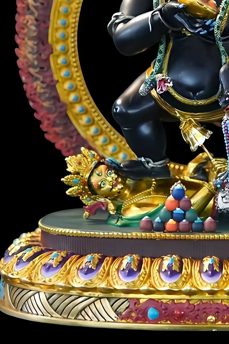 Museum-quality Tibetan sculpture of Black Jambhala, a pinnacle of Buddhist art, featuring masterful hand-painted details with authentic mineral pigments.